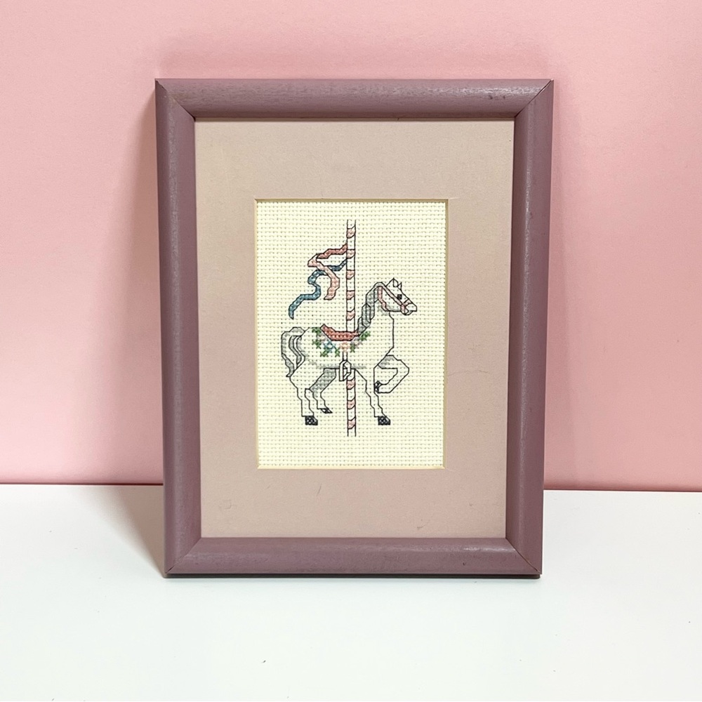 Vintage 80s pastel retro needle point cross stitch carousel horse framed art